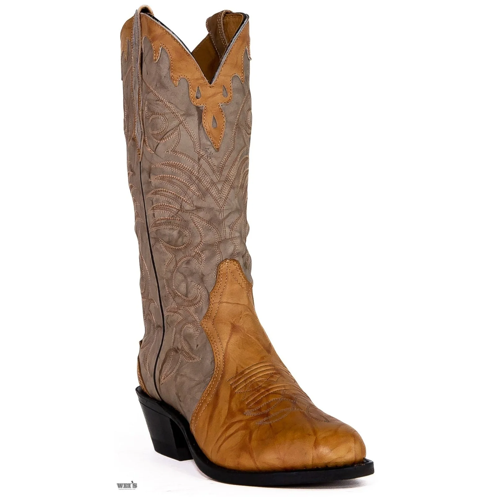 Boulet Men's Cowboy Boots 15" Tri-Colour Cowhide Cowboy Heel U Toe in Butterscotch and Taupe