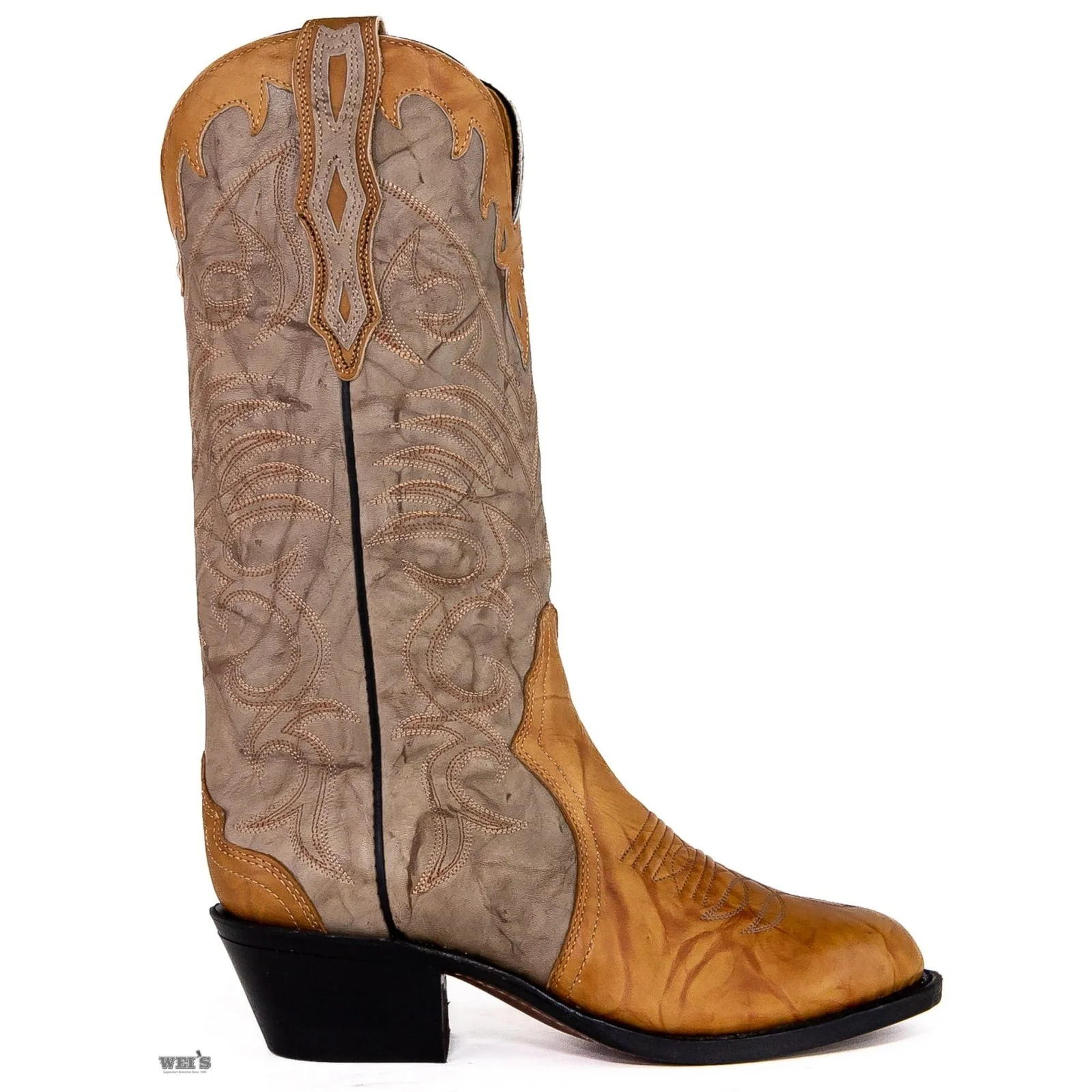 Boulet Men's Cowboy Boots 15" Tri-Colour Cowhide Cowboy Heel U Toe in Butterscotch and Taupe - Image 2