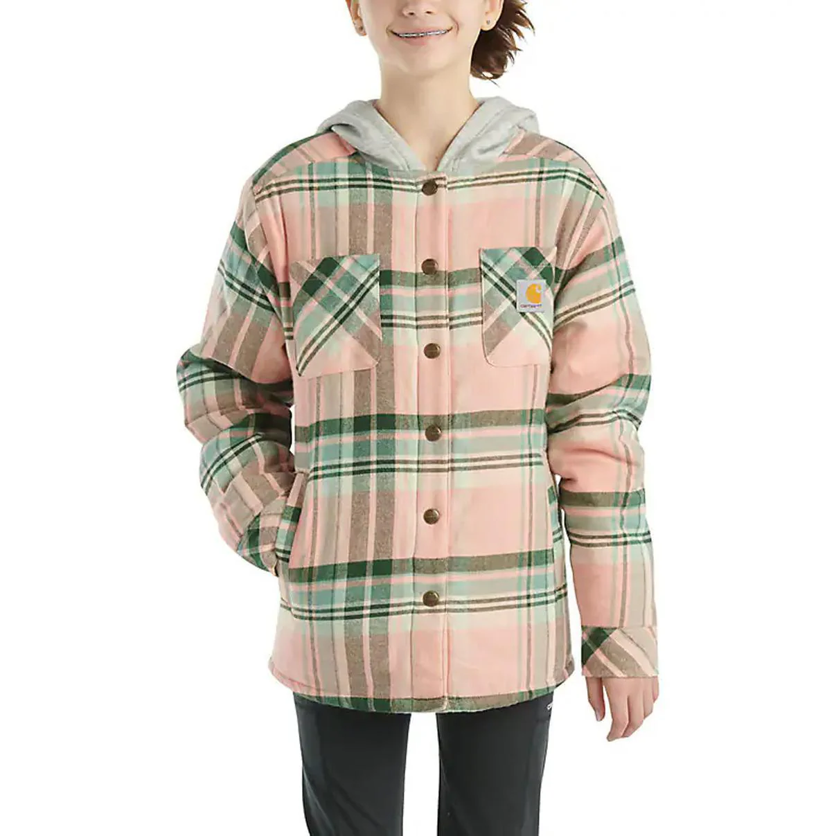 Carhartt Girls/Youth Long Sleeve Flannel Snap Front Hooded Shirt Jacket Peach