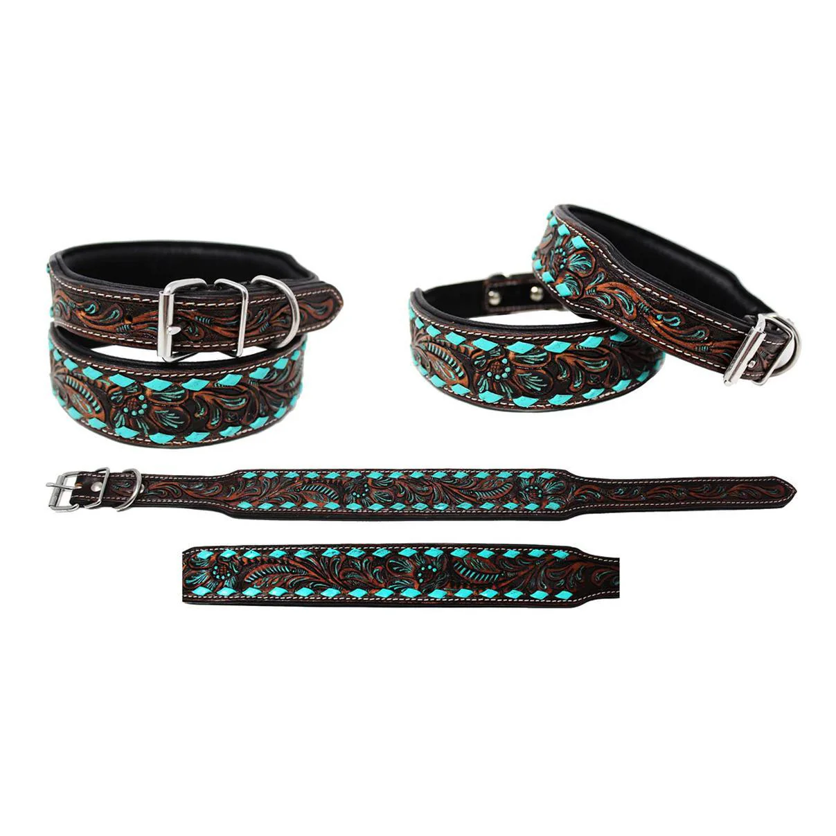 Challenger Dog's Amish 100% Cow Leather Padded Tooled Collar Brown Turquoise