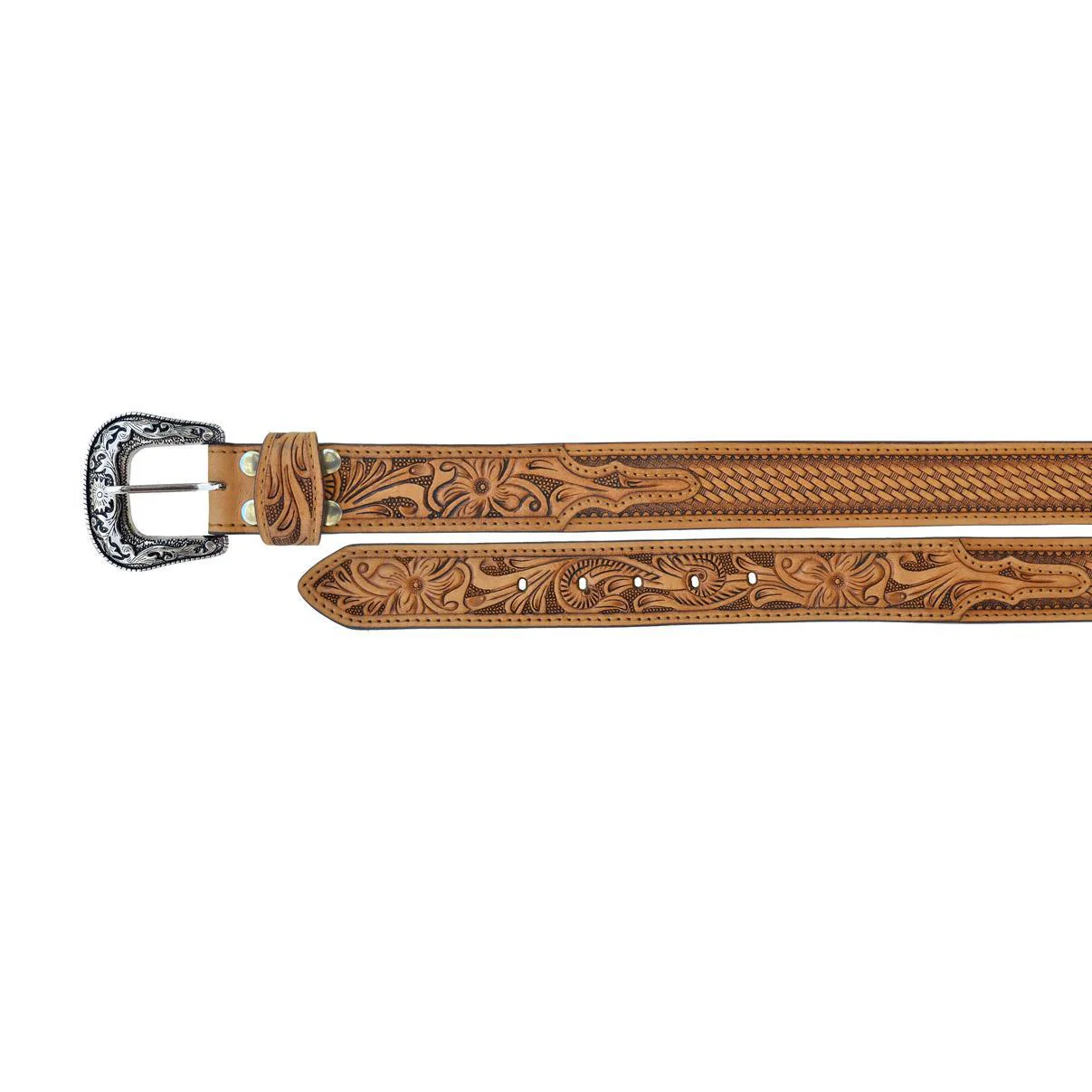 Challenger Men's Western BasketWeave Floral Full-Grain Leather Belt