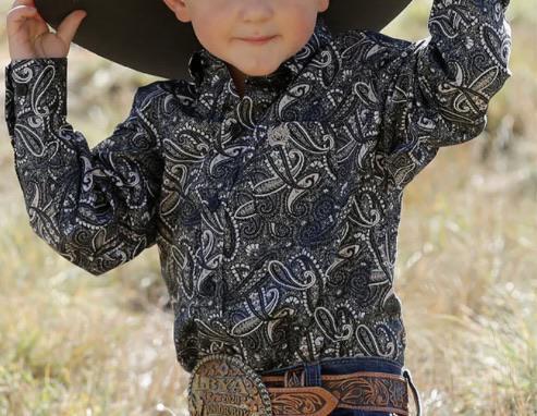Cinch Boy's Long Sleeve Button Down Black & Grey Paisley Print Western Shirt - Image 3
