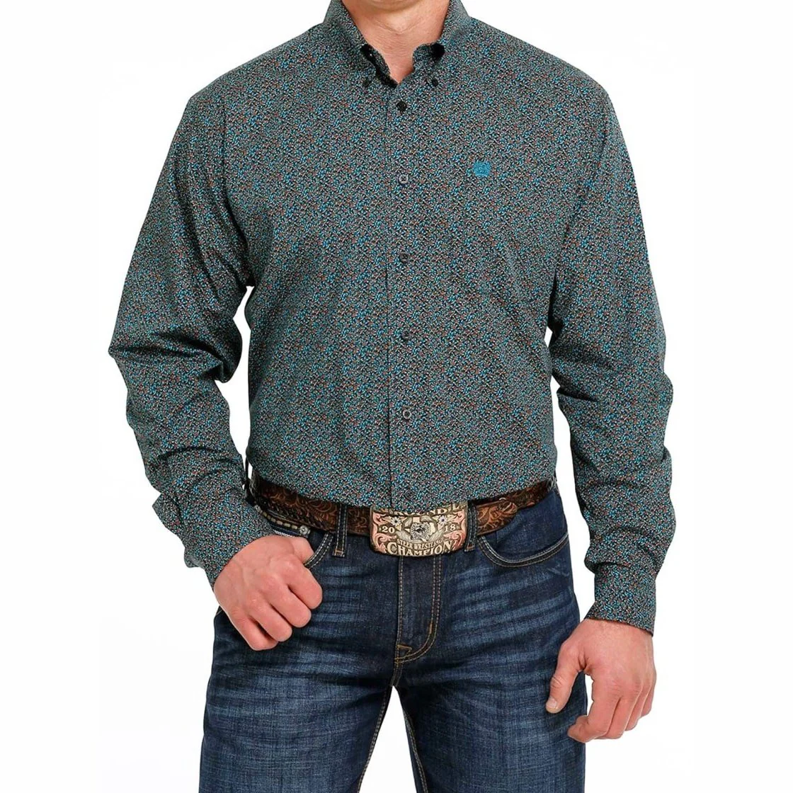Cinch Men’s Shirt Casual Long Sleeve Button-Down Geometric Black/Orange - Image 3