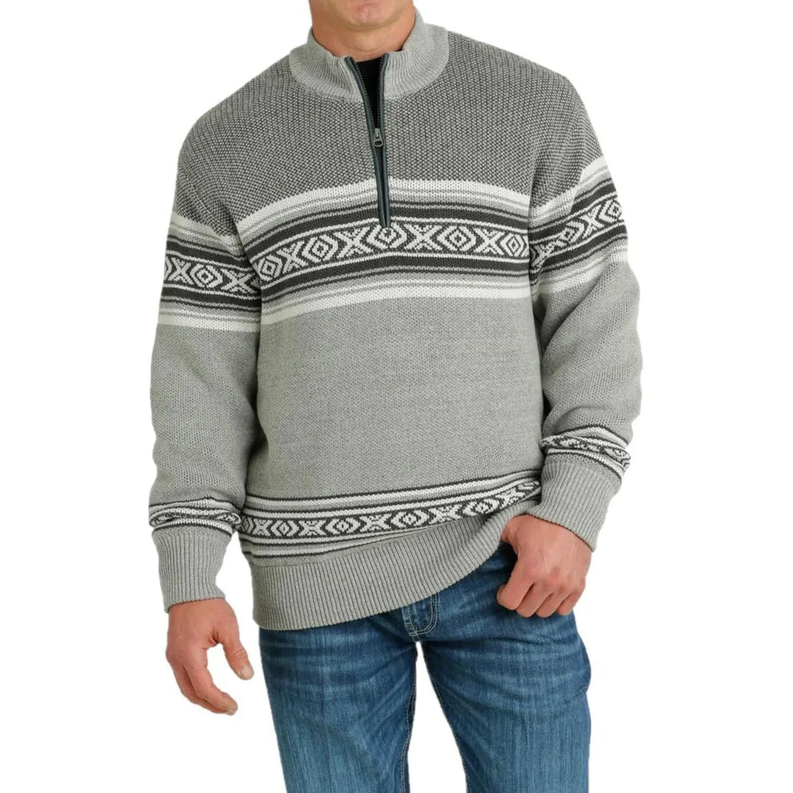 Cinch Men's Grey Aztec Print Quarter Zip Knit Pullover - Image 2