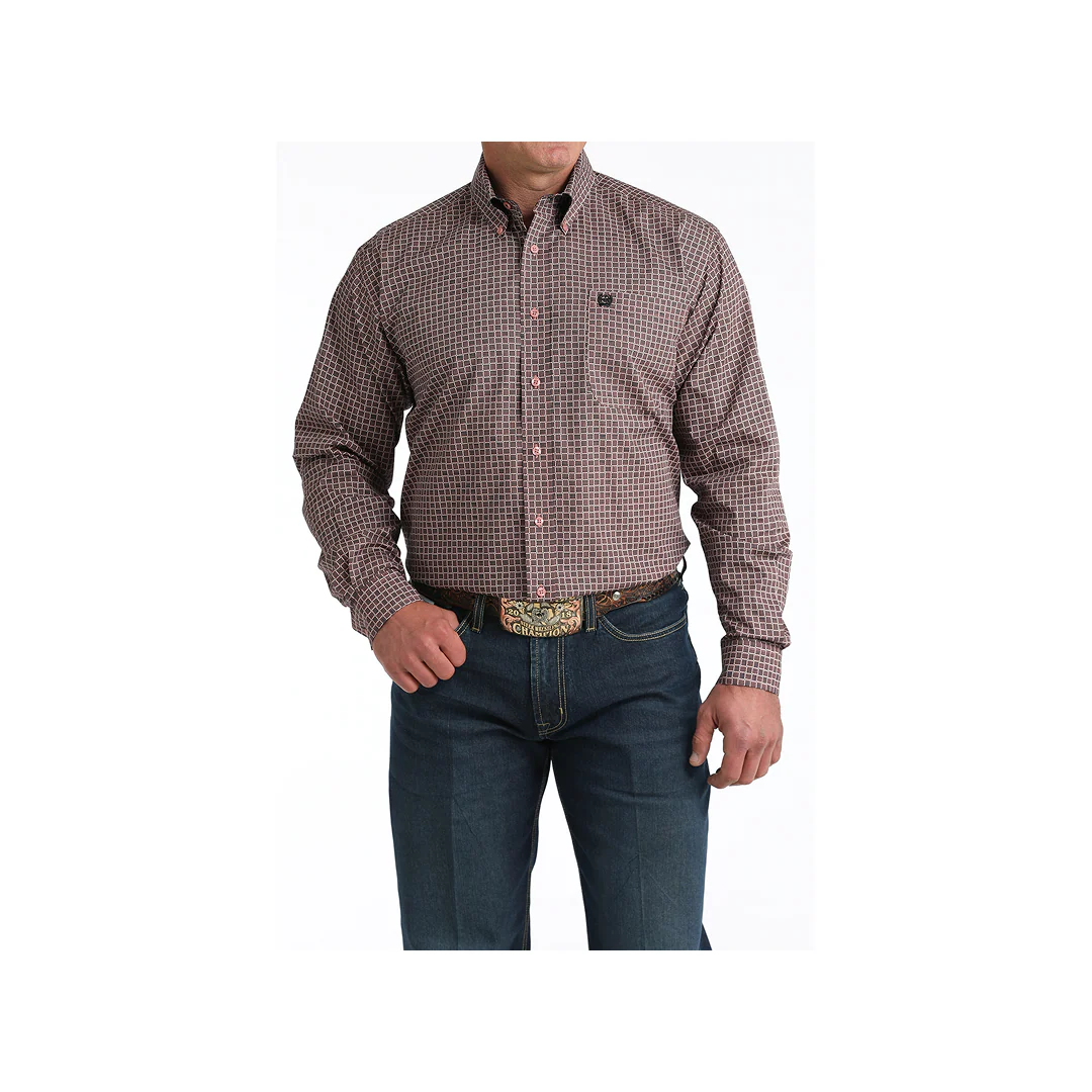 Cinch Men's Pink Weave Print Long Sleeve Button Down Shirt