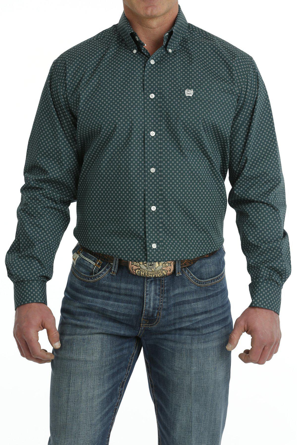 Cinch Men's Western Shirt Geometric Print Button-Down Long Sleeve Green/White