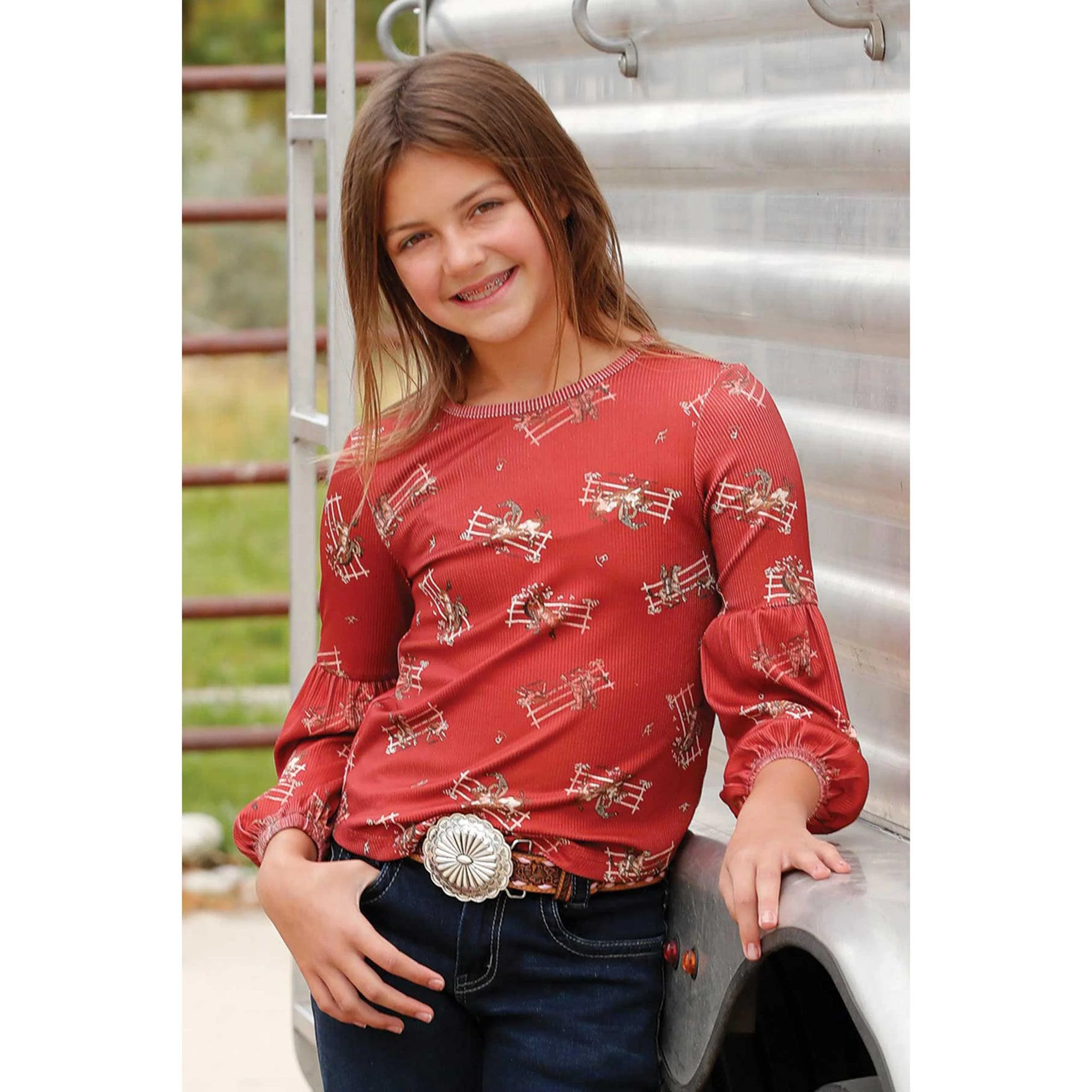 Cinch Youth Girl's Rodeo Print Red Blouse