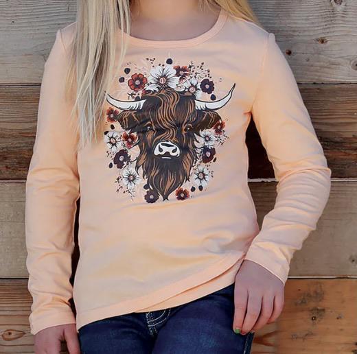 Cruel Denim Girl's Long Sleeve Highland Cow Shirt in Peach