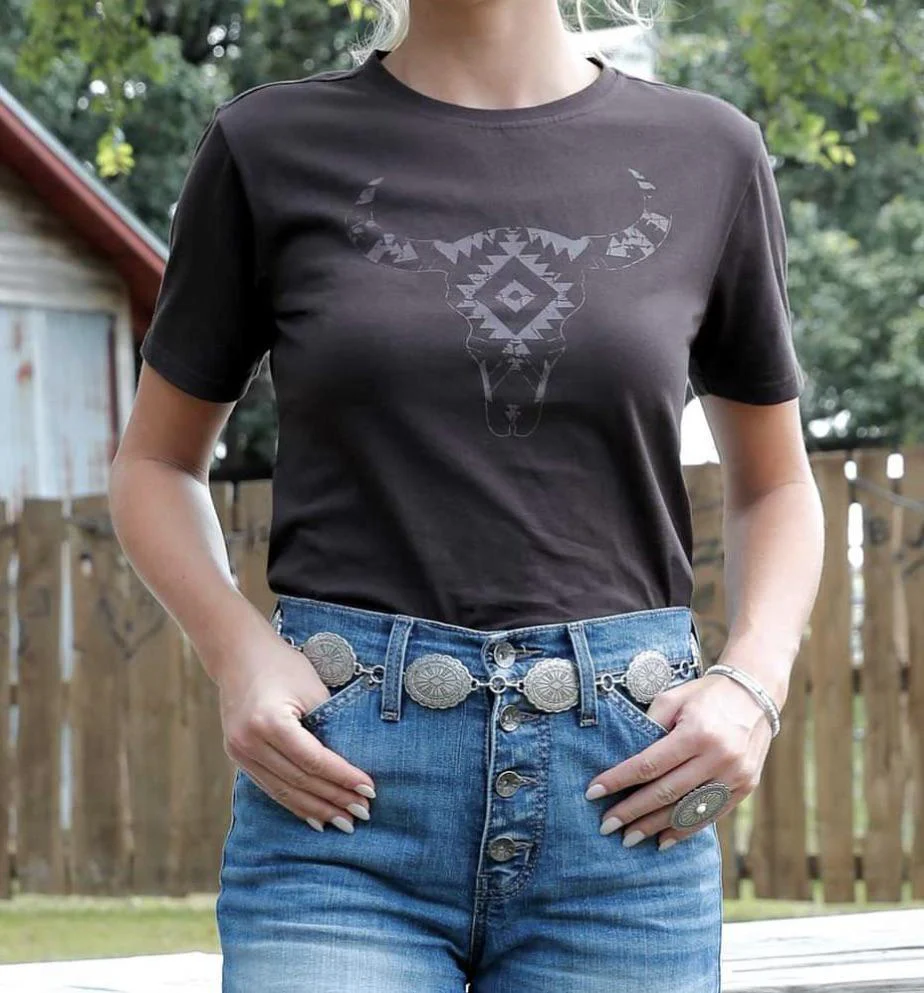 Cruel Women's T-Shirt Brown with Steer Skull - CLEARANCE