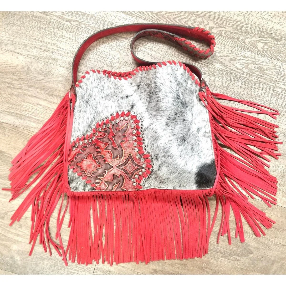 Handmade Purse in Cowhide and Leather with Metal Accents