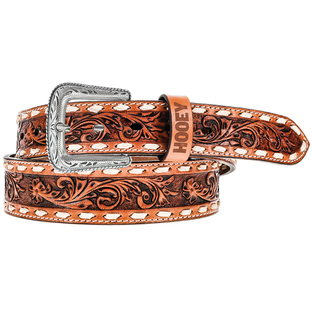 Hooey "Tuff" Hand Tooled Floral Filigree Natural / Ivory Belt