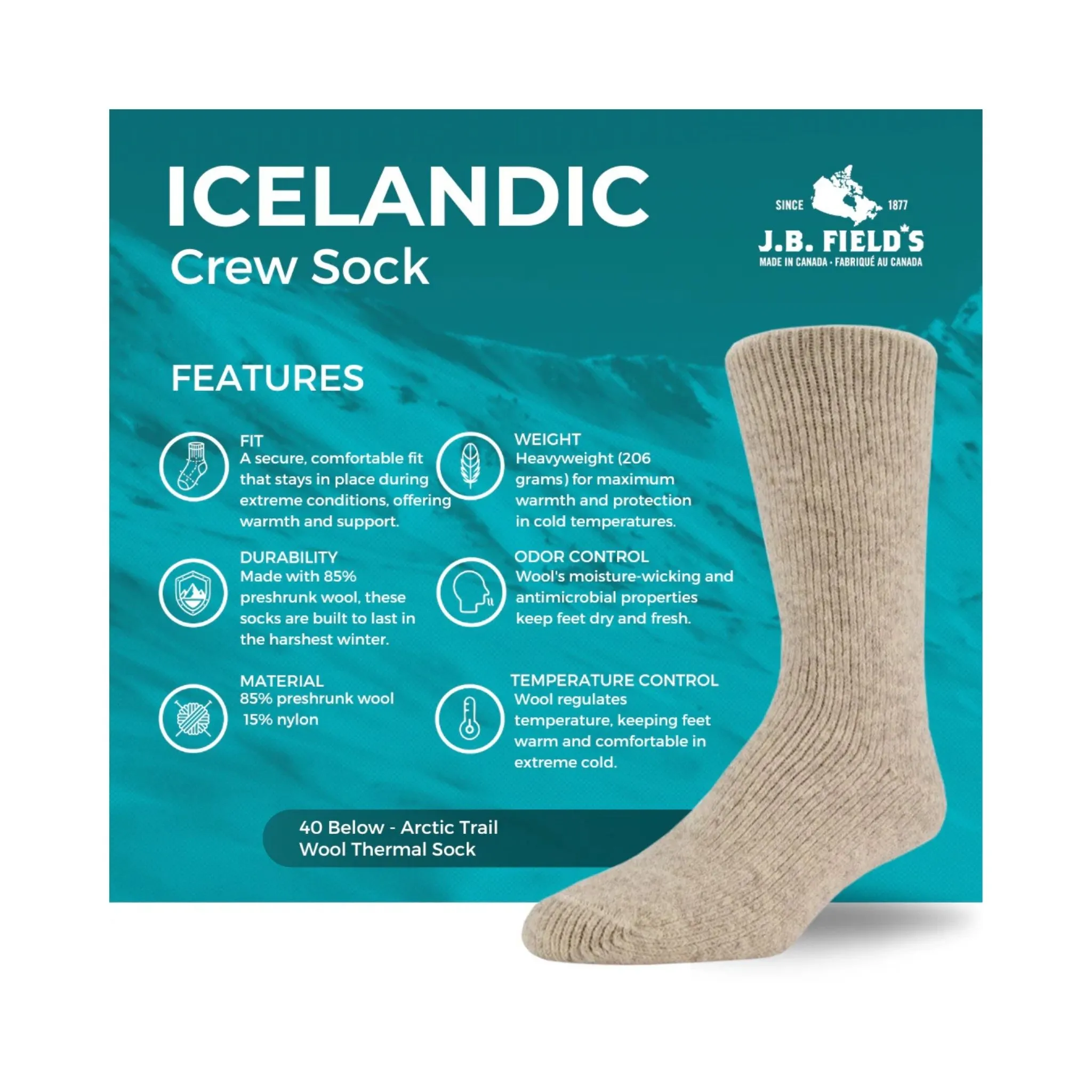 J.B. Field's Unisex Icelandic 40 Below Arctic Trail Wool Thermal Sock - Image 3