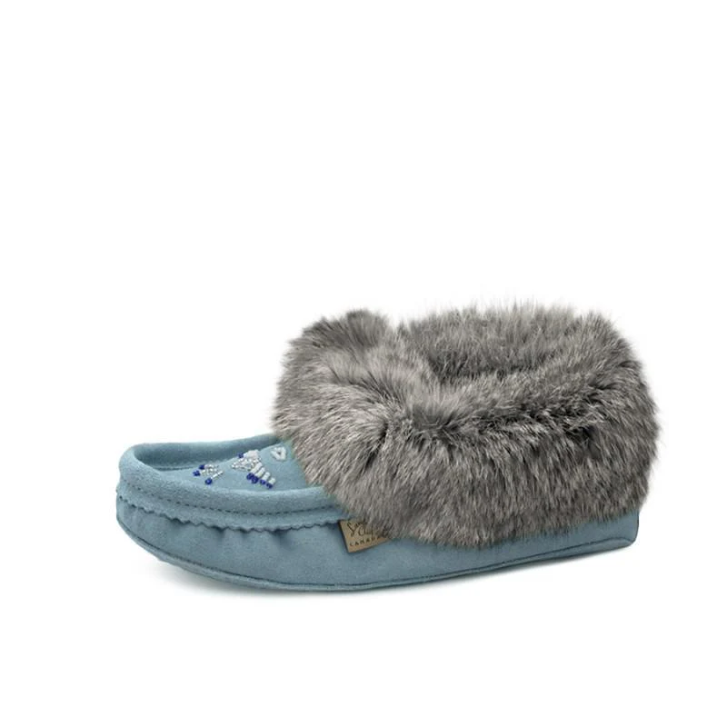 Laurentian Chief Women's Beaded Slipper With Fur Trim And Padded Sole