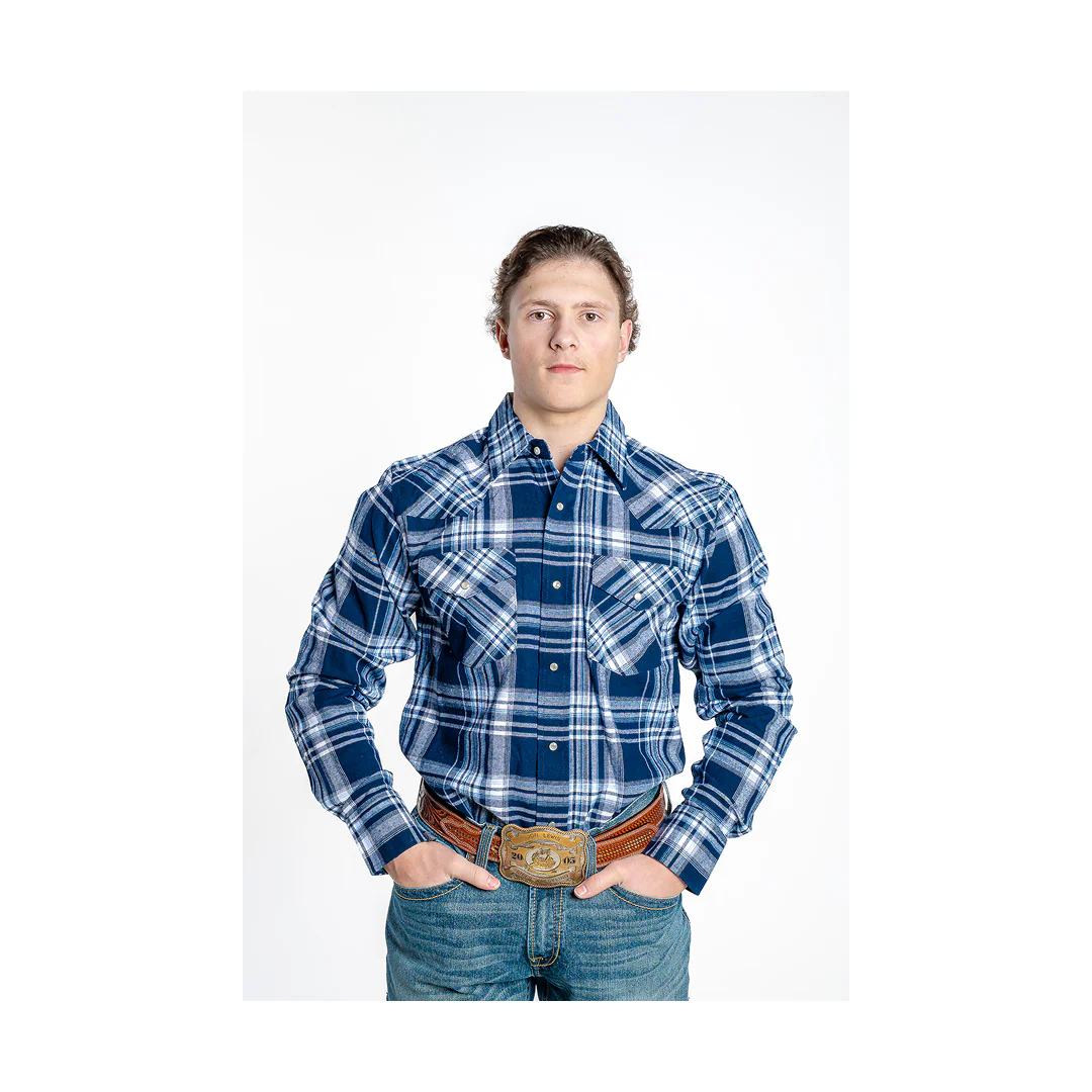 MWG Apparel Men's Flannel Blue Plaid Western Long Sleeve Snap Shirt - Image 2