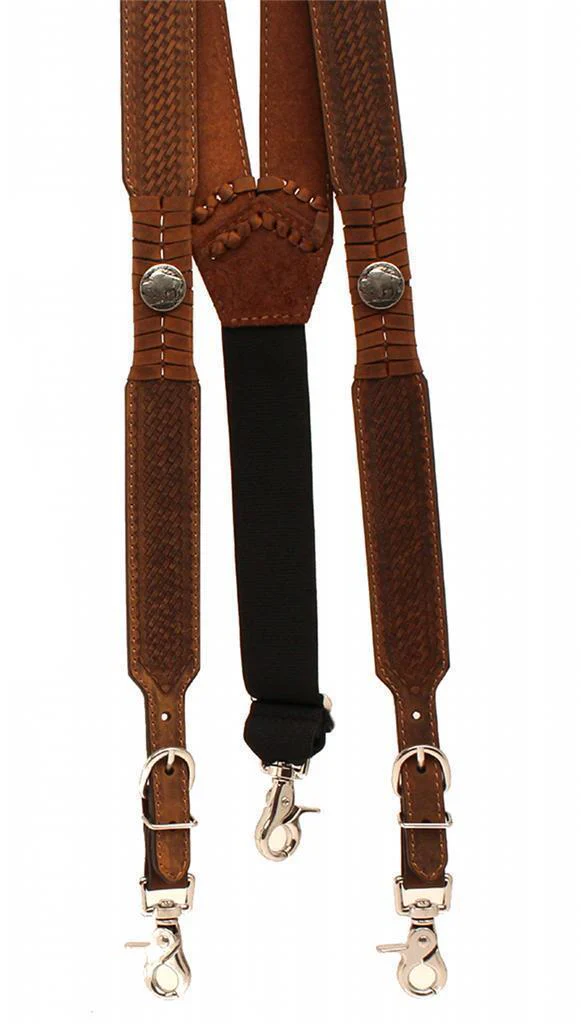 Nocona Mens Suspenders Galluse Leather Buffalo Nickel Brown