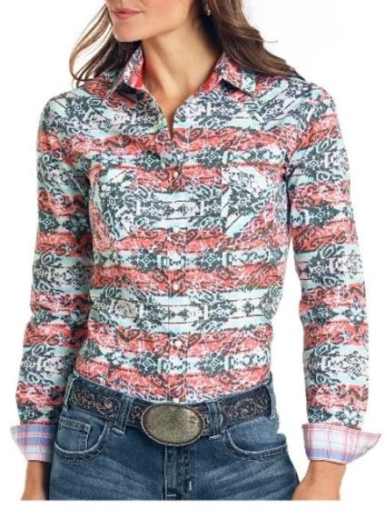 Panhandle Women’s Shirt Long Sleeve Snaps Coral Print - Image 8