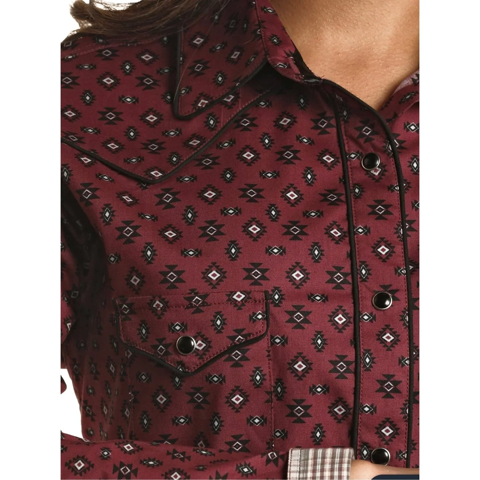 Panhandle Women’s Shirt Long Sleeve Snap Maroon Aztec - Image 2