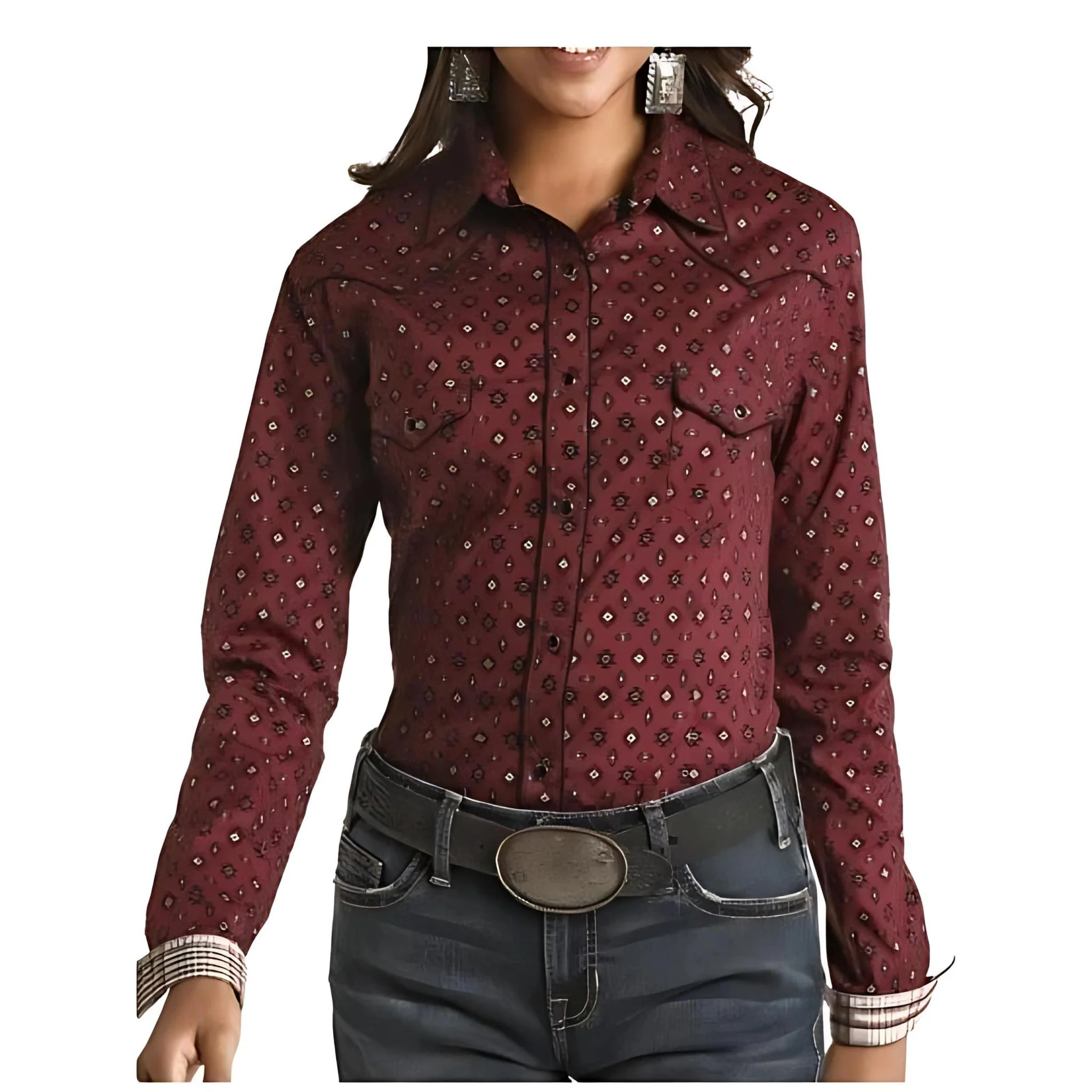 Panhandle Women’s Shirt Long Sleeve Snap Maroon Aztec - Image 4