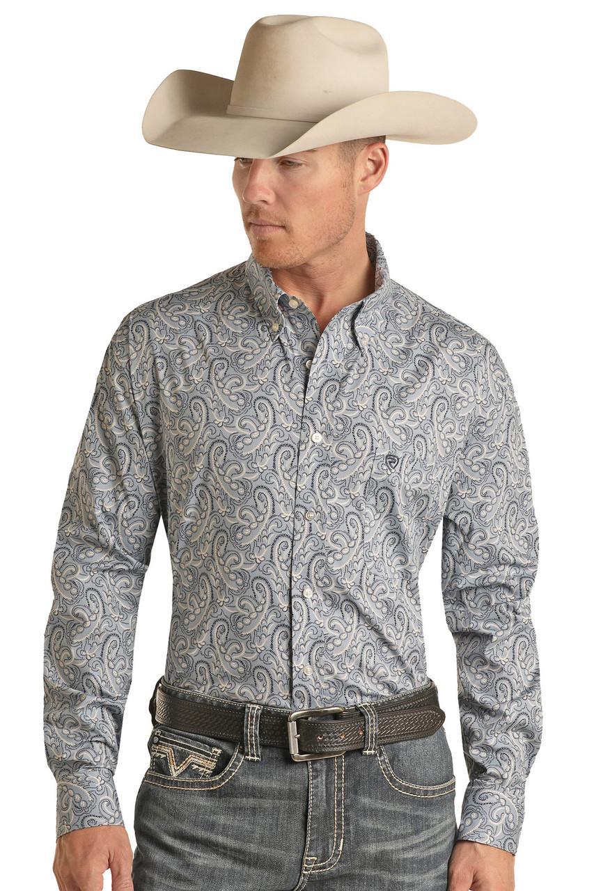 Rock and Roll Denim Men's LS 2pkt Paisley Woven Snap Blue
