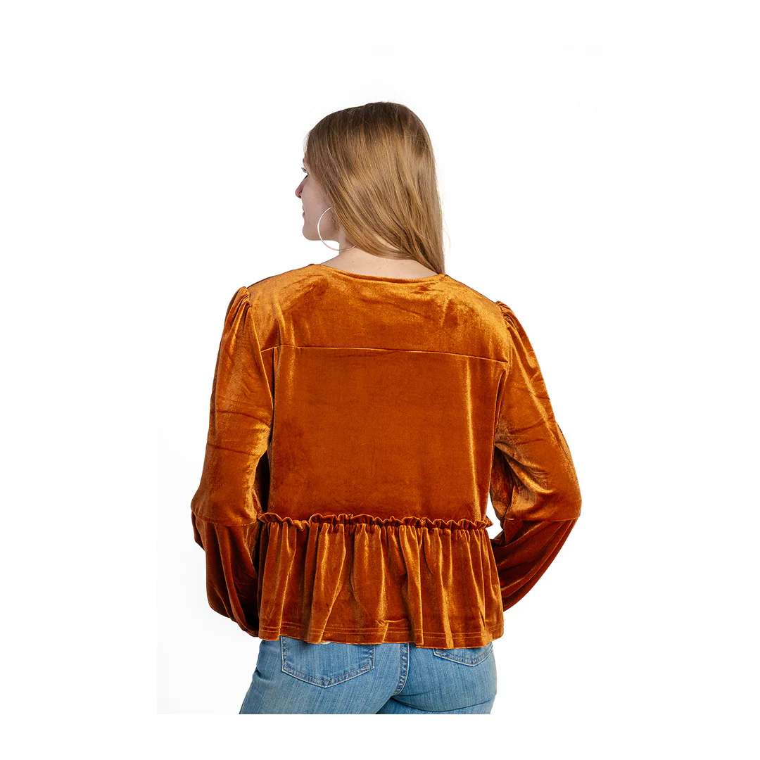 Rockin A Design Women's Rust Velvet Long Sleeve Peplum Top - Image 2