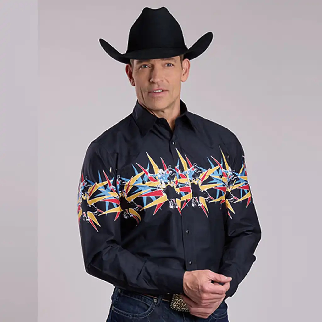 Roper Men's Scene Border Print Black Western Snap Shirt