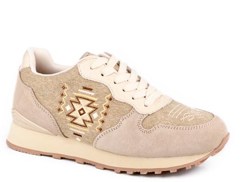 Roper Women's Taupe Suede Aztec Embroidery Lace Up Jogger Shoe