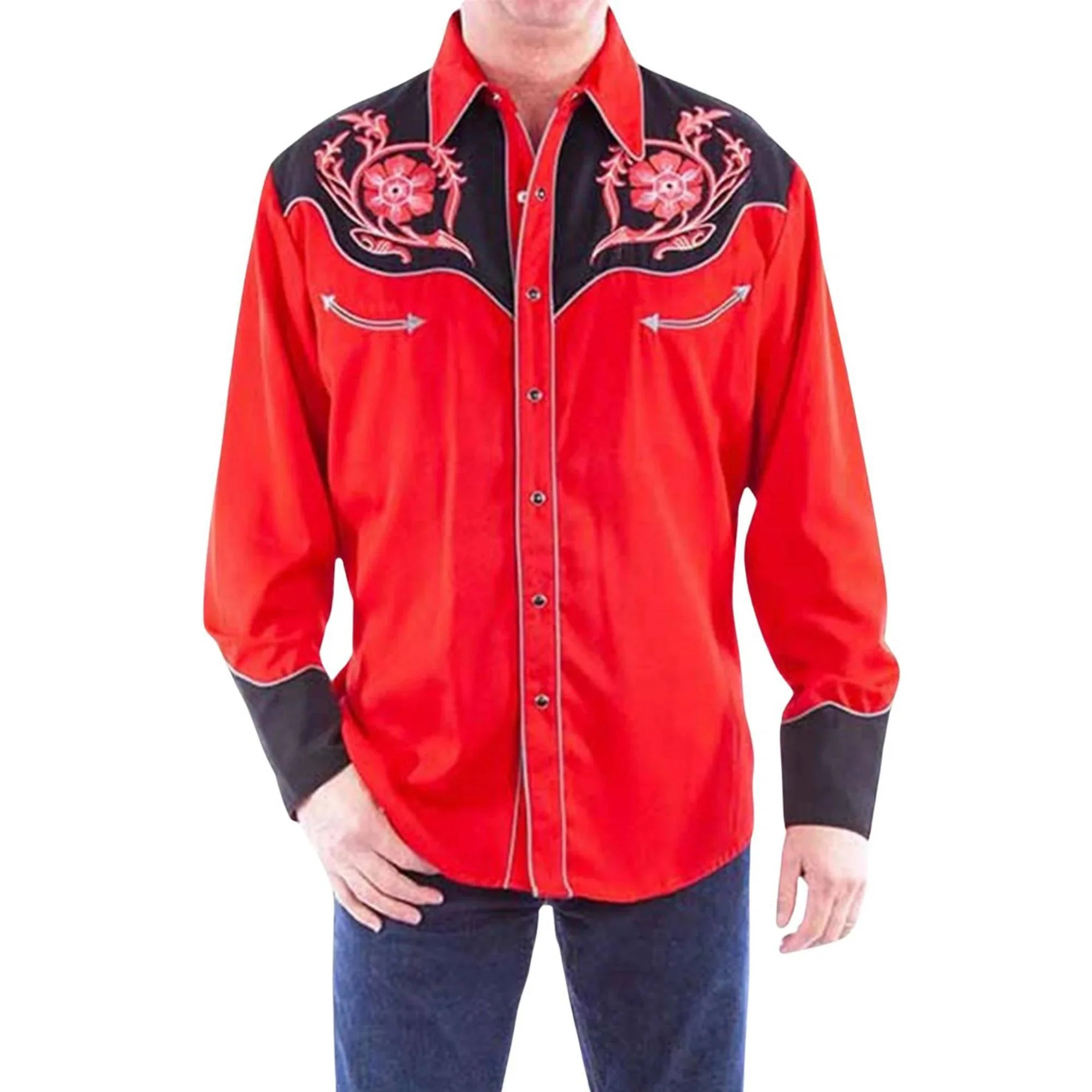 Scully Men's Floral Embroidered Long Sleeve Snap Western Shirt In Red - Image 3