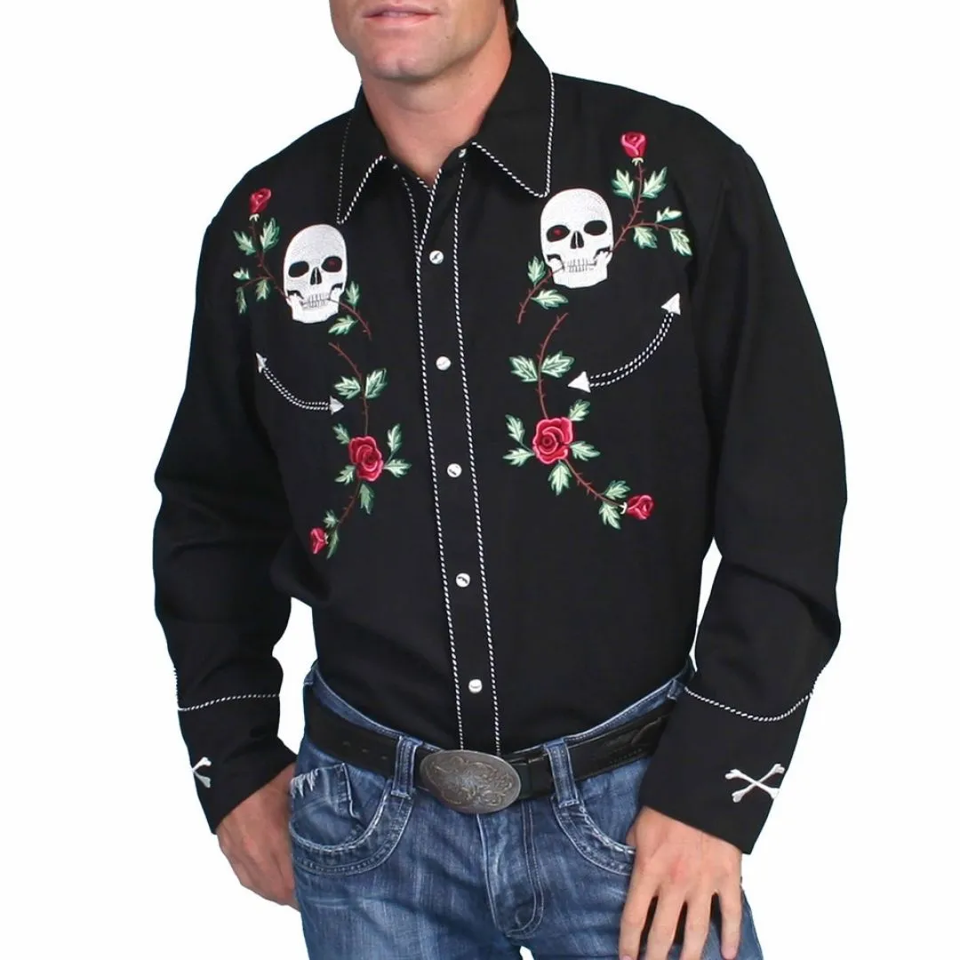 Scully Men's Shirt - Skull / Roses Embroidery - Black - Image 3