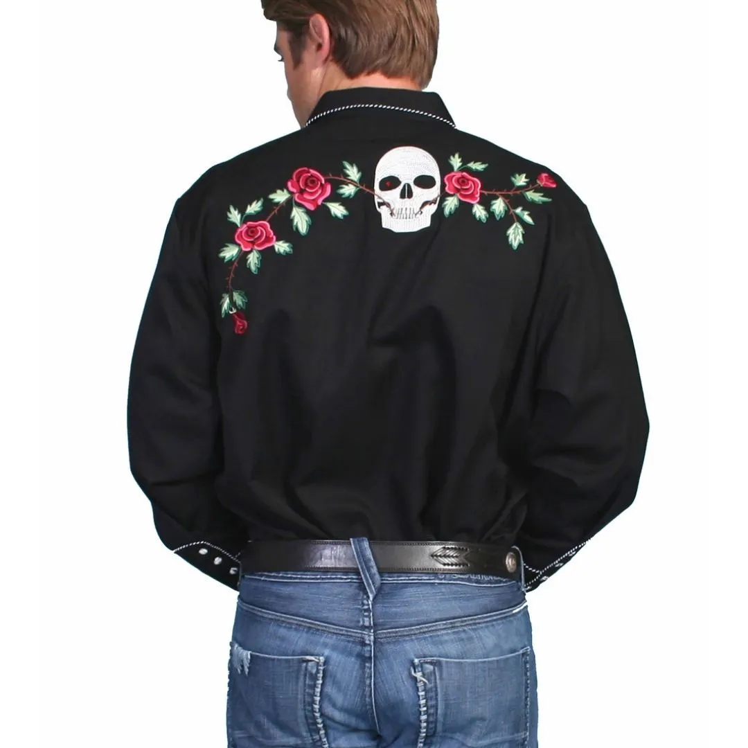 Scully Men's Shirt - Skull / Roses Embroidery - Black - Image 4