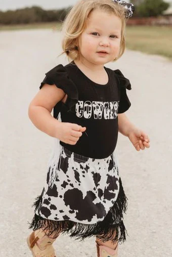 Shea Baby Girl Black Cowprint Fringe Onesie
