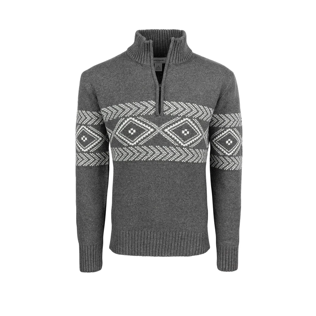 Stetson Mens 3/4 Zip Light Grey Horizonal Aztec Patterned Knit Sweater