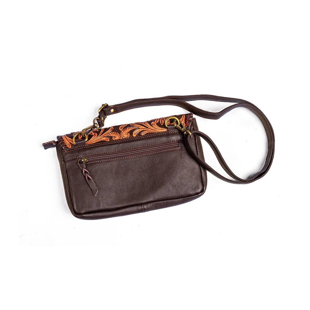 Western Linen Brown Tooled Leather Cowhide Crossbody Bag - Image 2