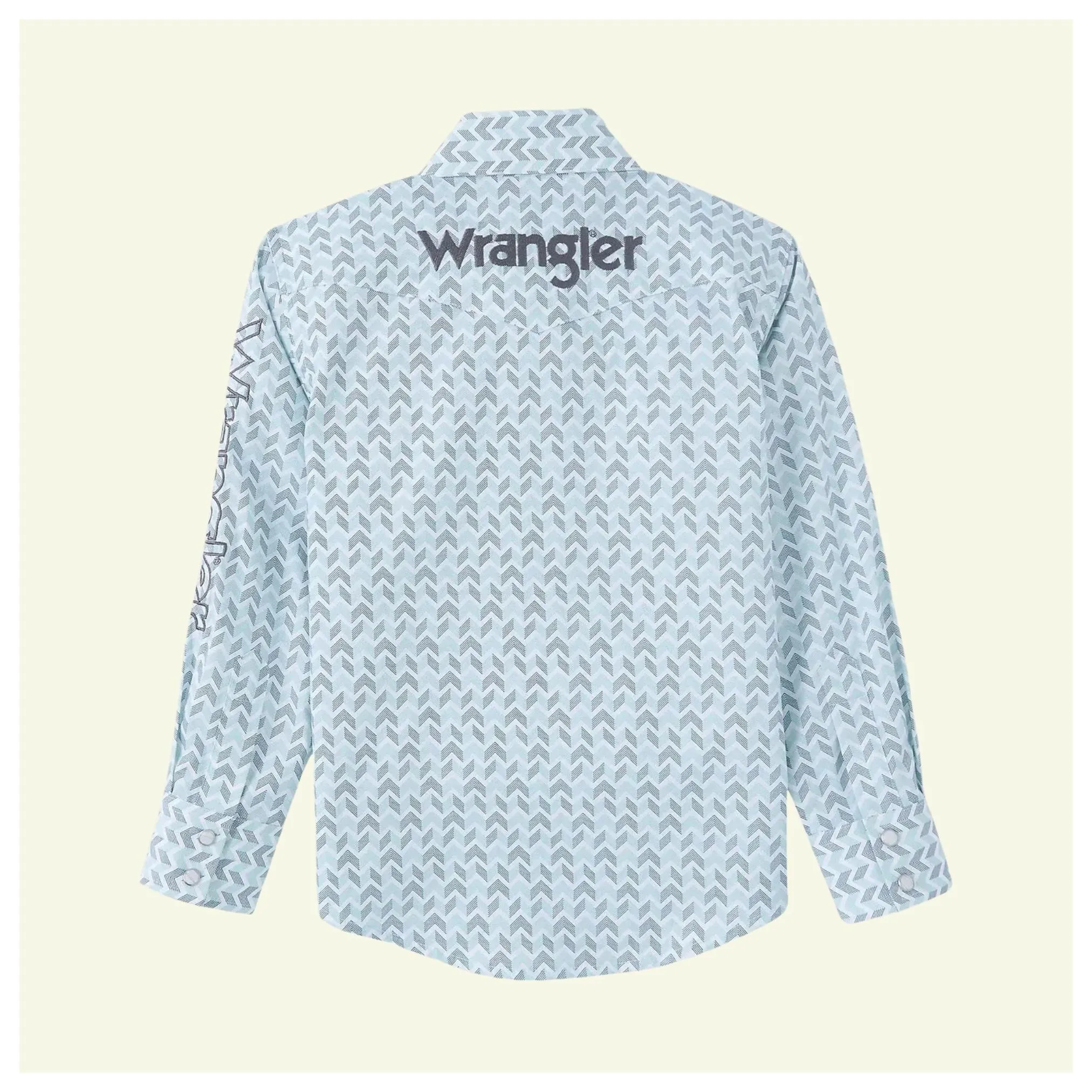 Wrangler Boy's Western Shirt In Aqua/Grey Print, Wrangler Down Sleeve/Chest Pocket - Image 2