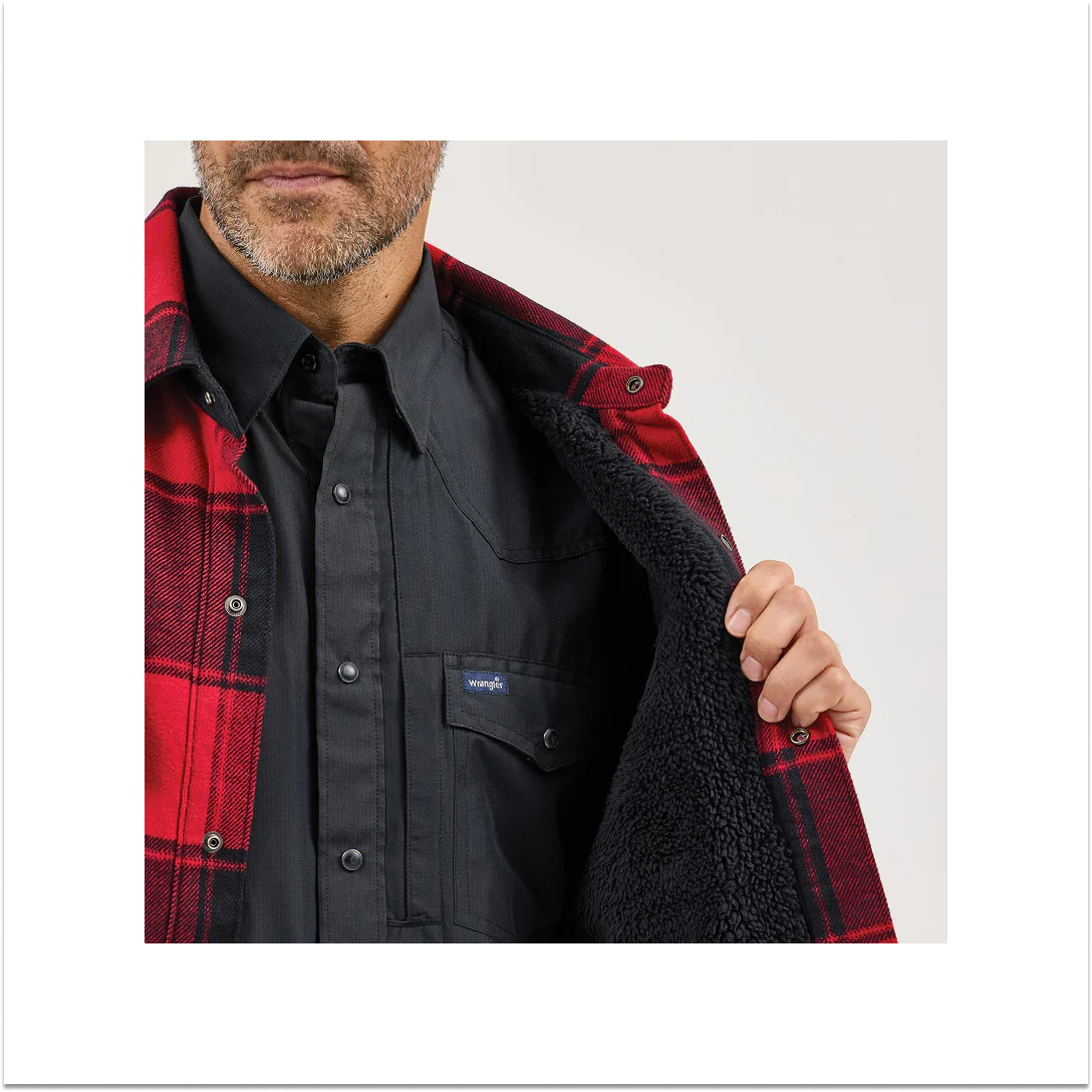Wrangler Men's Flannel Shirt Jacket Sherpa Lined Red Buffalo - Image 2